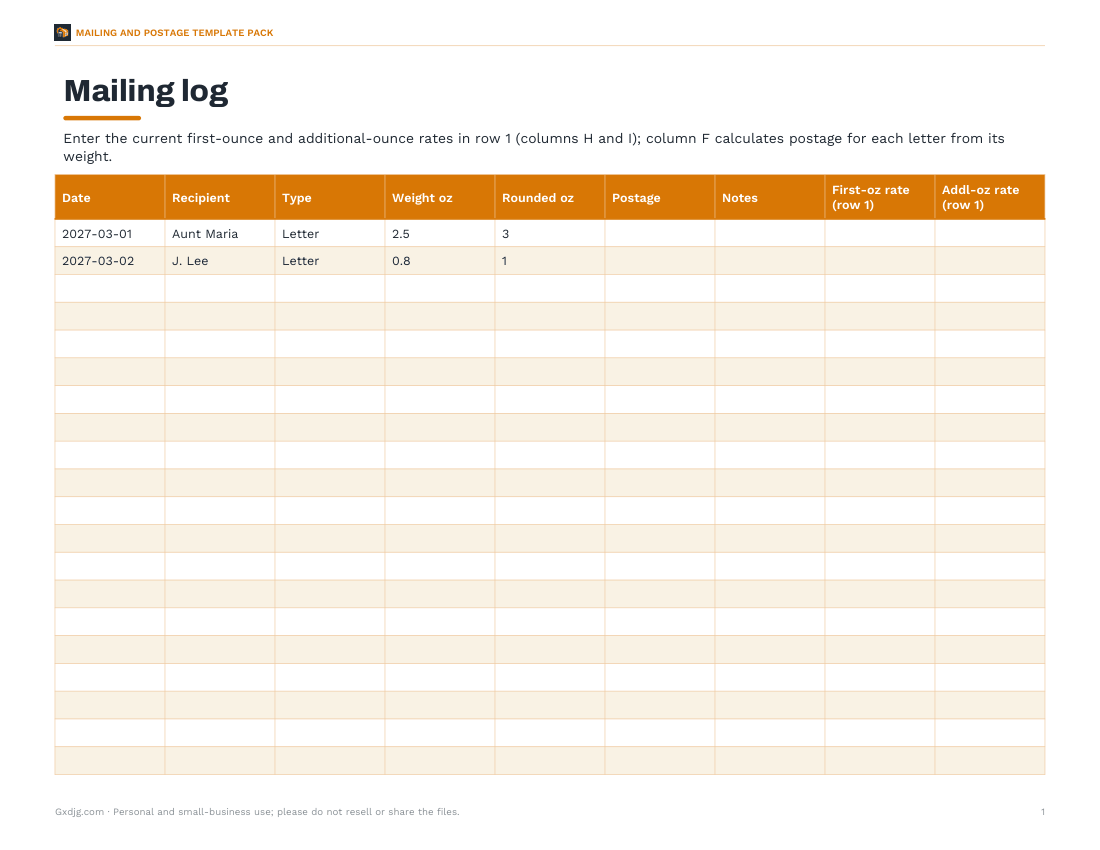 Preview of the first page of Mailing log (XLSX)