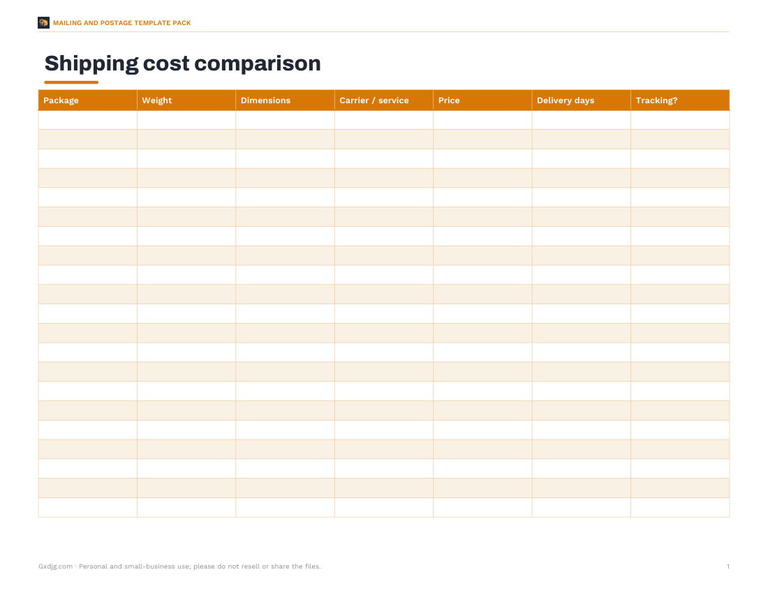 Preview of the first page of Shipping comparison (PDF/DOCX/XLSX)