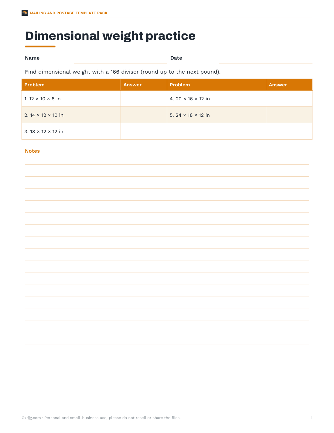 Preview of the first page of Dim weight worksheet (PDF/DOCX)